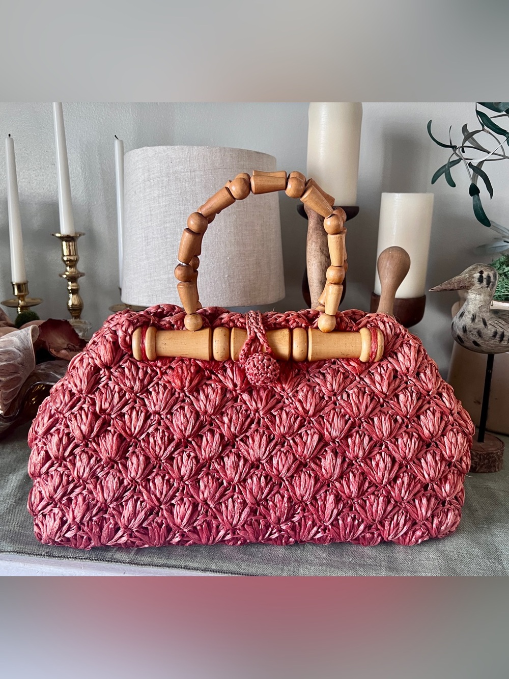 Vintage Woven Raffia Top-Handle Bag in Rose Red with Wooden Handles